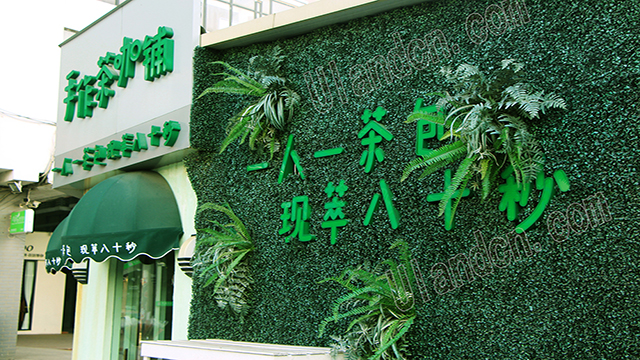 鑲嵌在仿真植物墻上的logo字